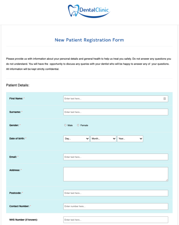 Dental New Patient Registration Form Dental Form Templates By Ipegs 0407