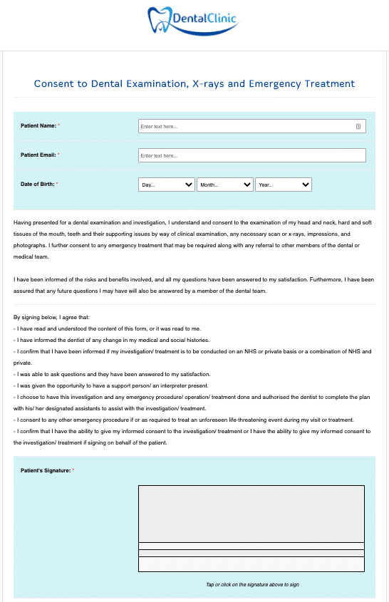 dental examination x rays and emergency treatment consent form