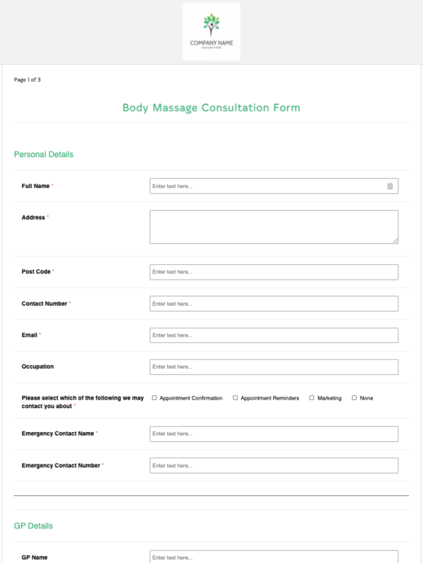 Body Massage Consultation Form Template Ipegs Electronic Form 