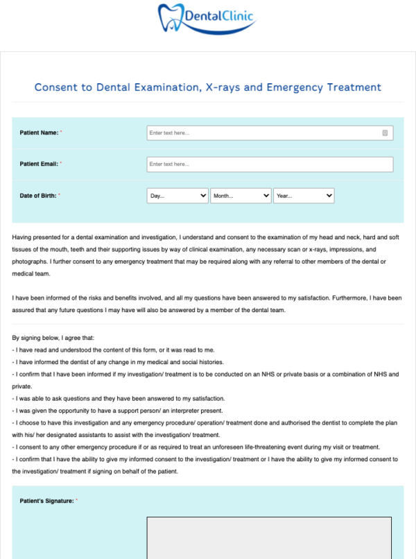 Dental Examination X Rays And Emergency Treatment Consent Form